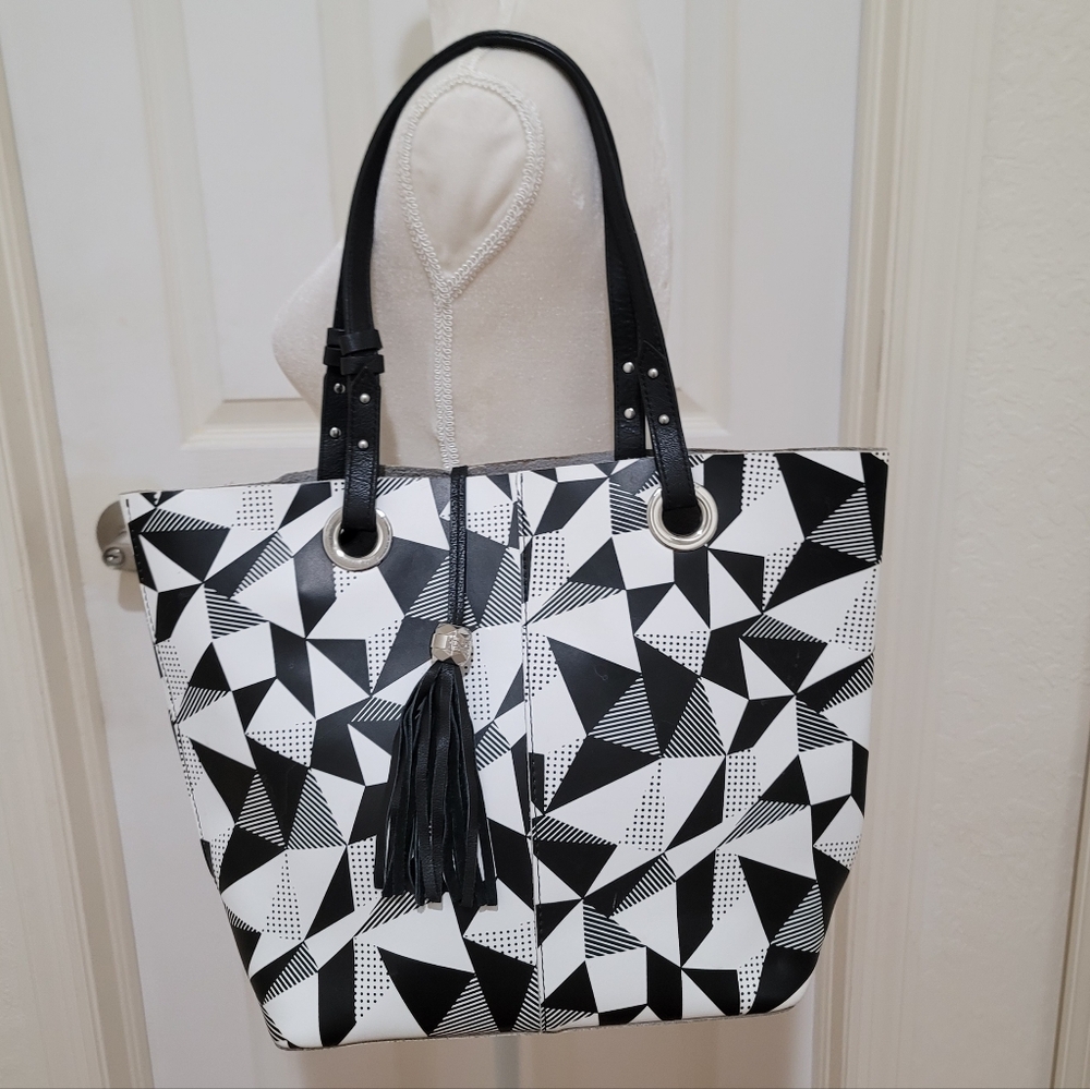 Dolce Vita Black White Leather Geometric Fringe Tassel Tote Hand Bag